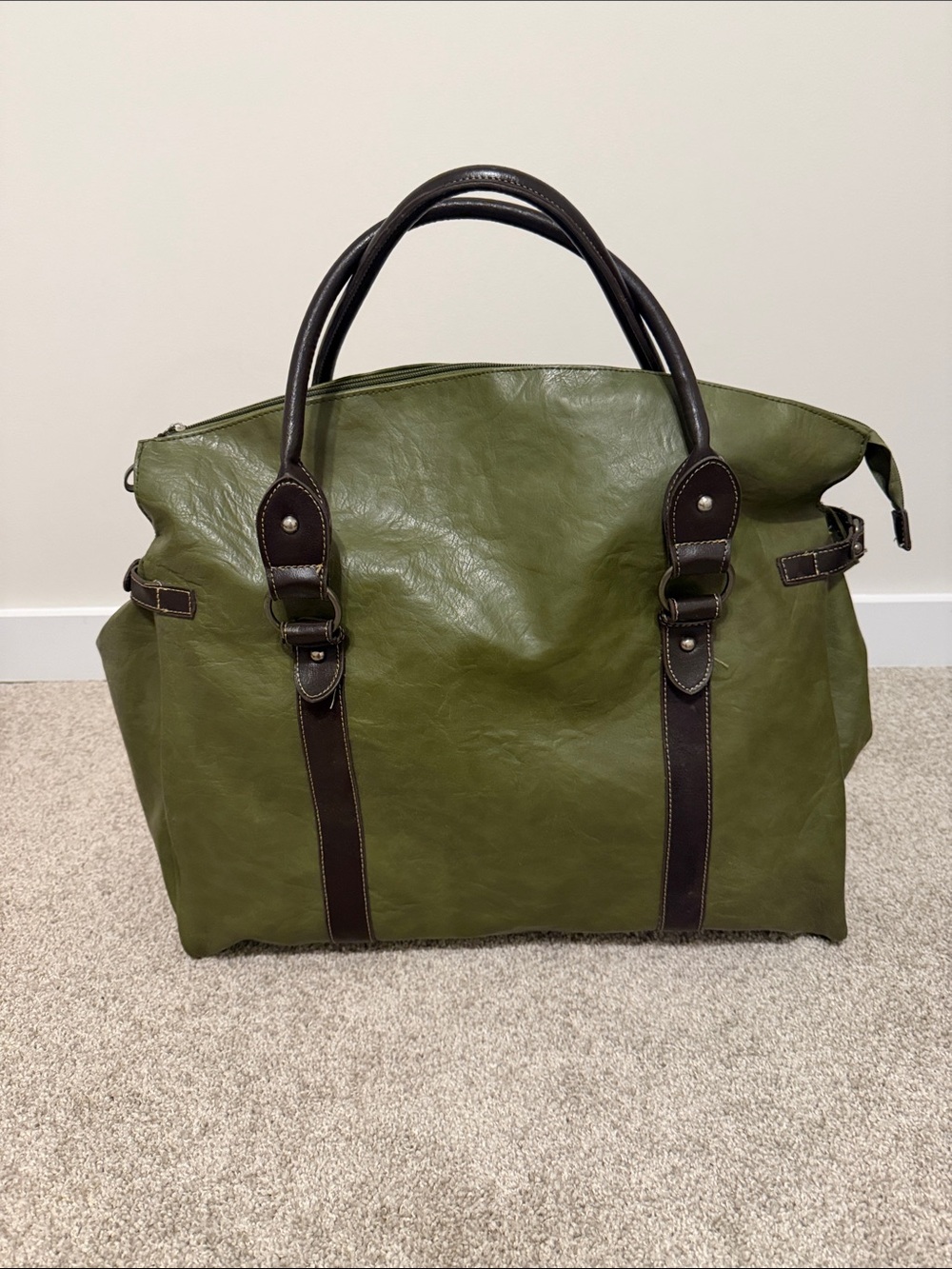 Bueno Olive Green Duffel Bag with Dark Brown Trim
